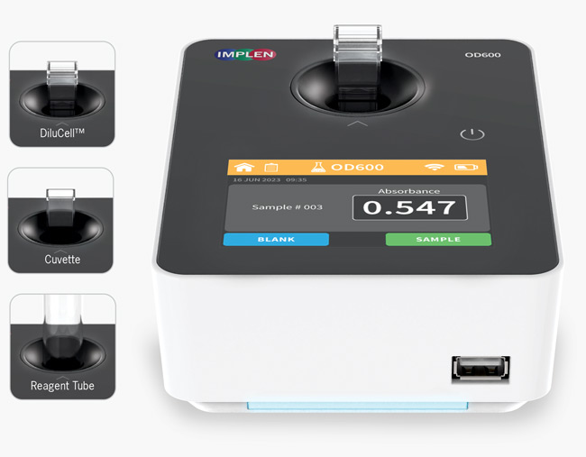 Implen OD600 dilucell cuvette reagent tube cell growth rates and McFarland turbidity measurements g 1
